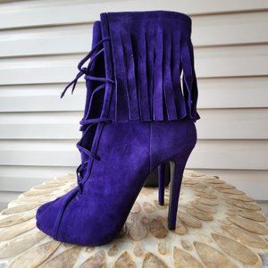 Open toe high heels boots fringed purple